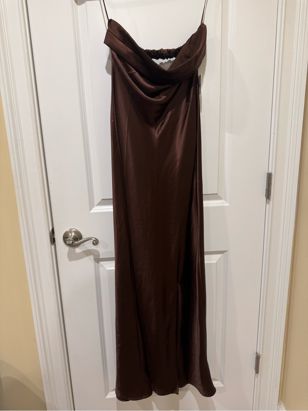 Altar'd State Chocolate Brown Satin Strapless Maxi Dress
